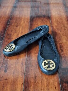 Tory Burch Reva Ballet Flats Black Leather Gold Logo Size 9.5 US
